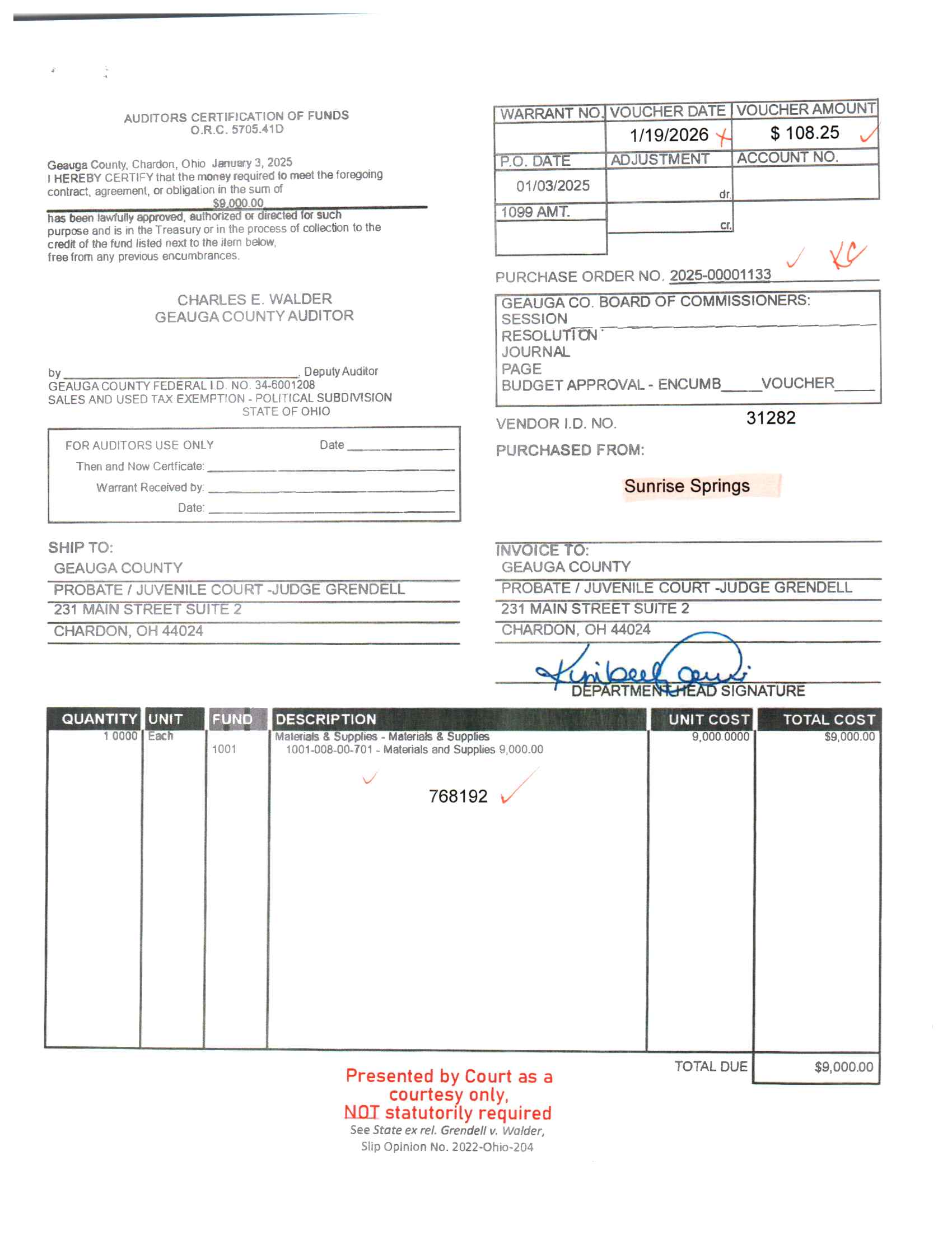 Auditor's Certification of Funds