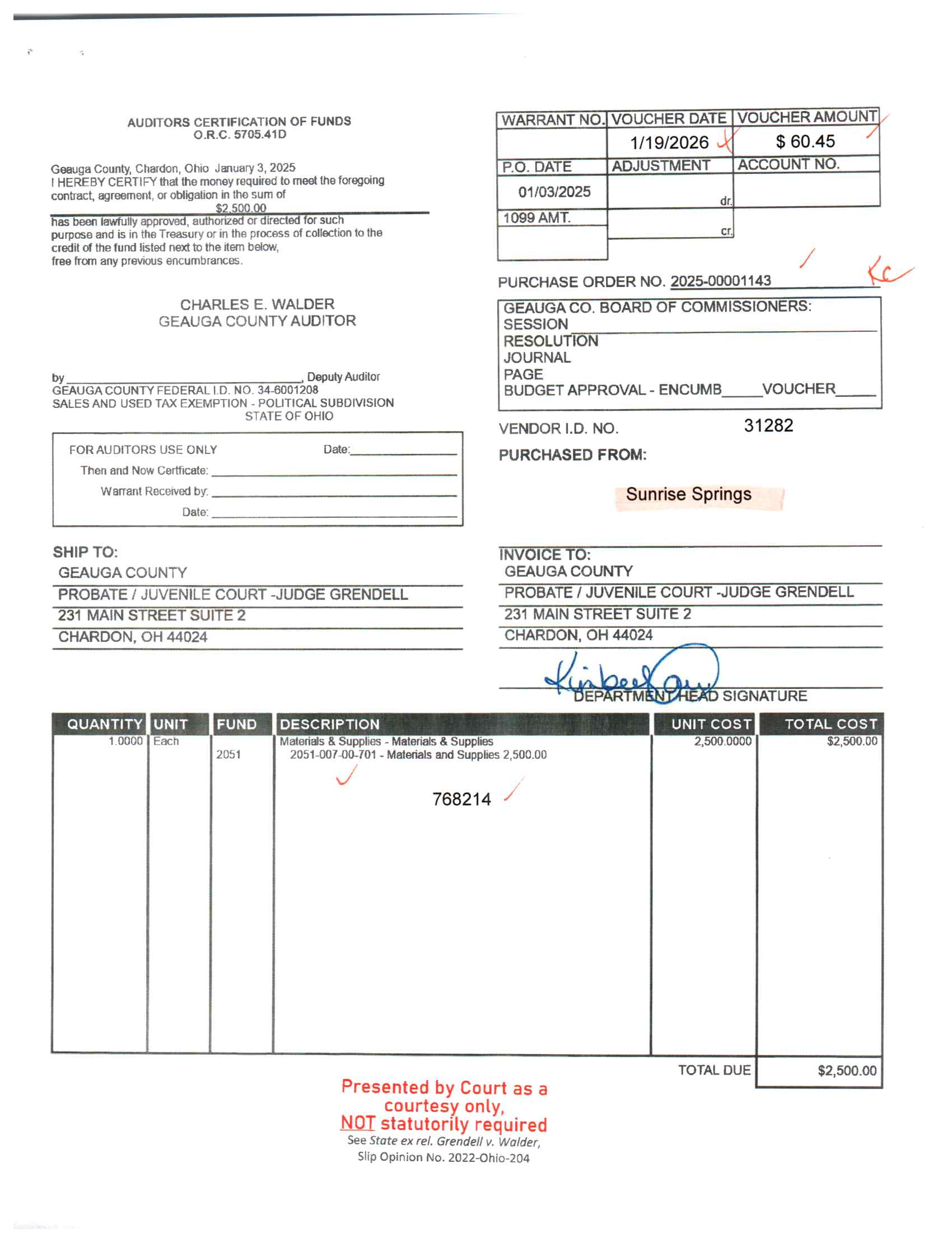 Auditor's Certification of Funds