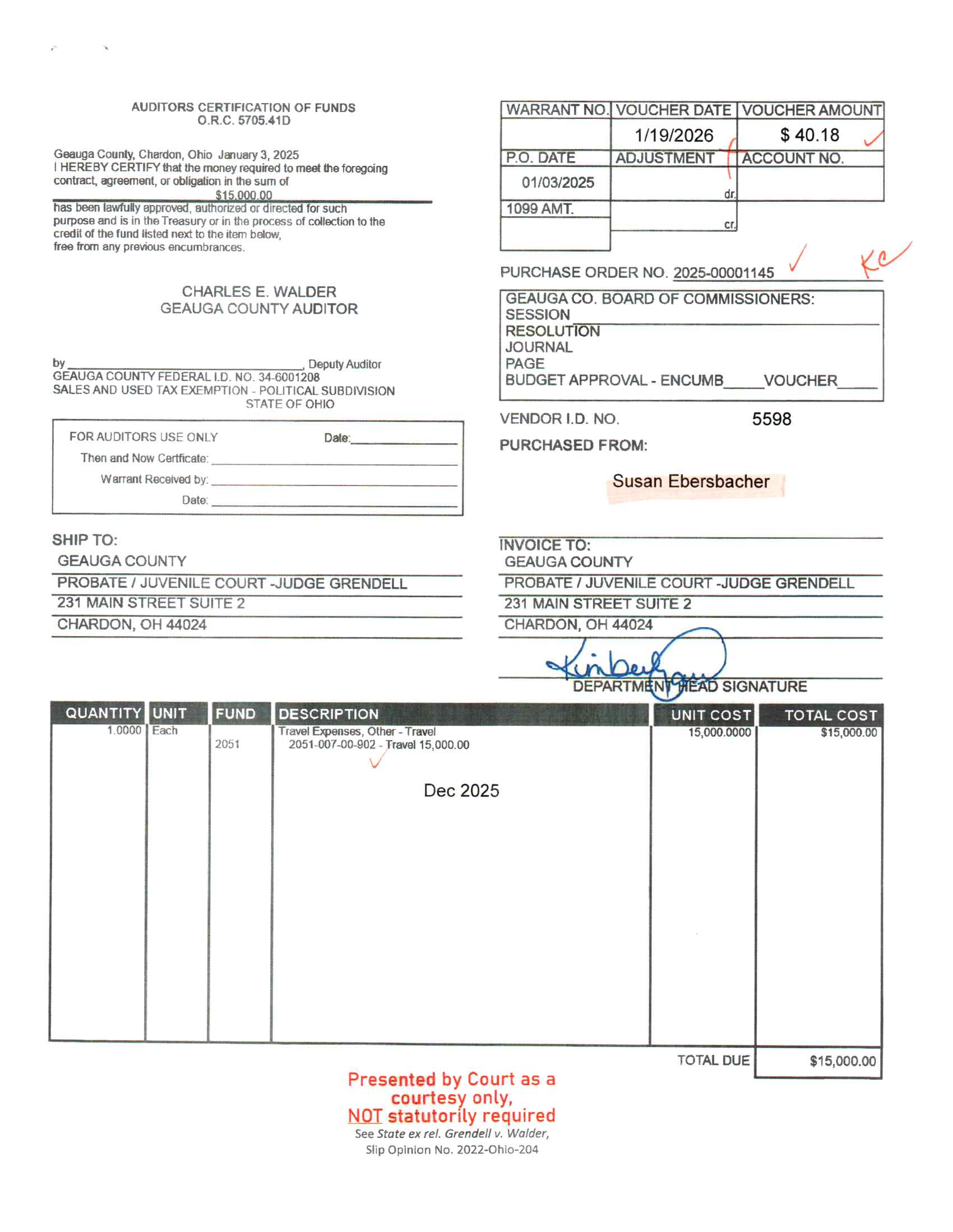 Auditor's Certification of Funds