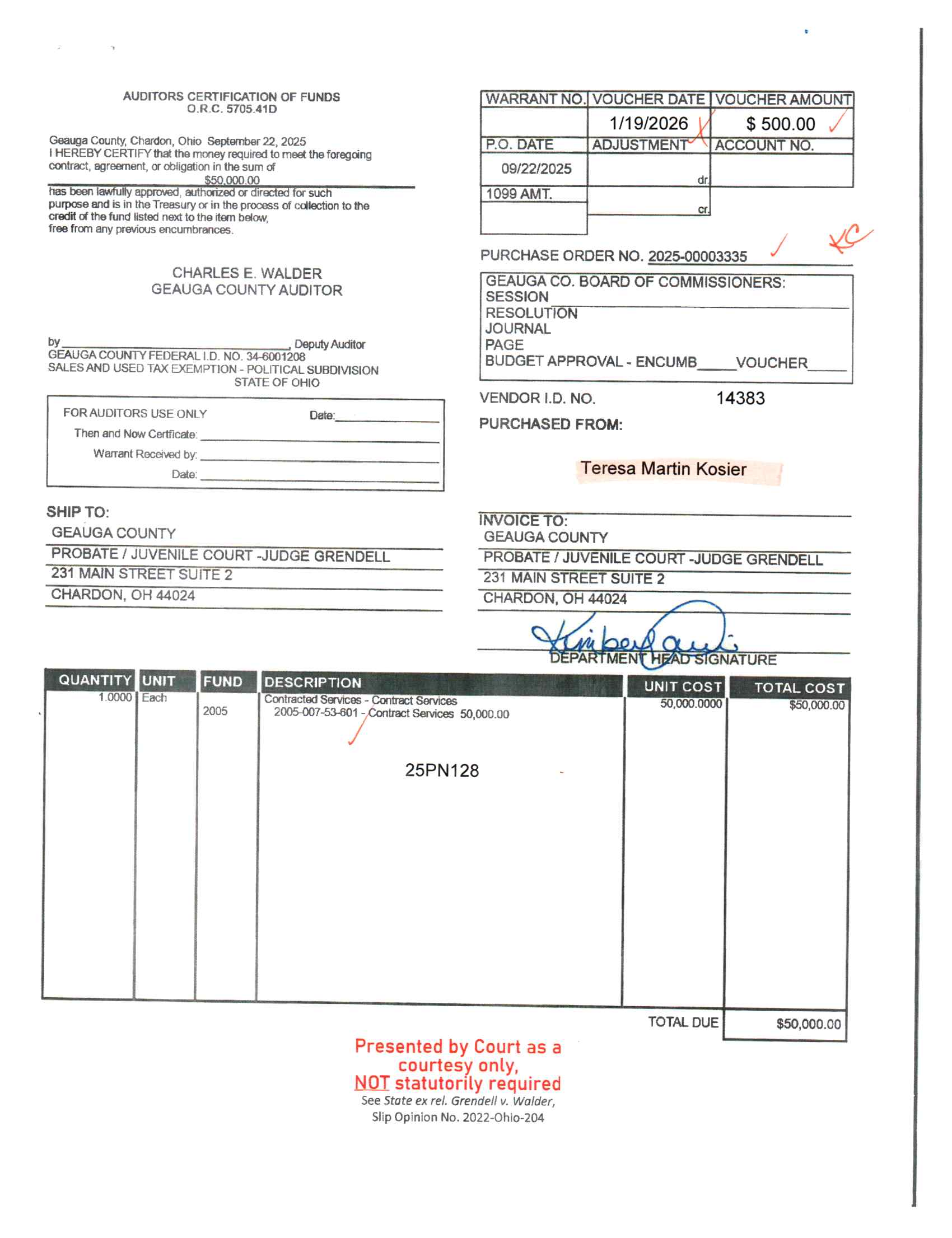 Auditor's Certification of Funds