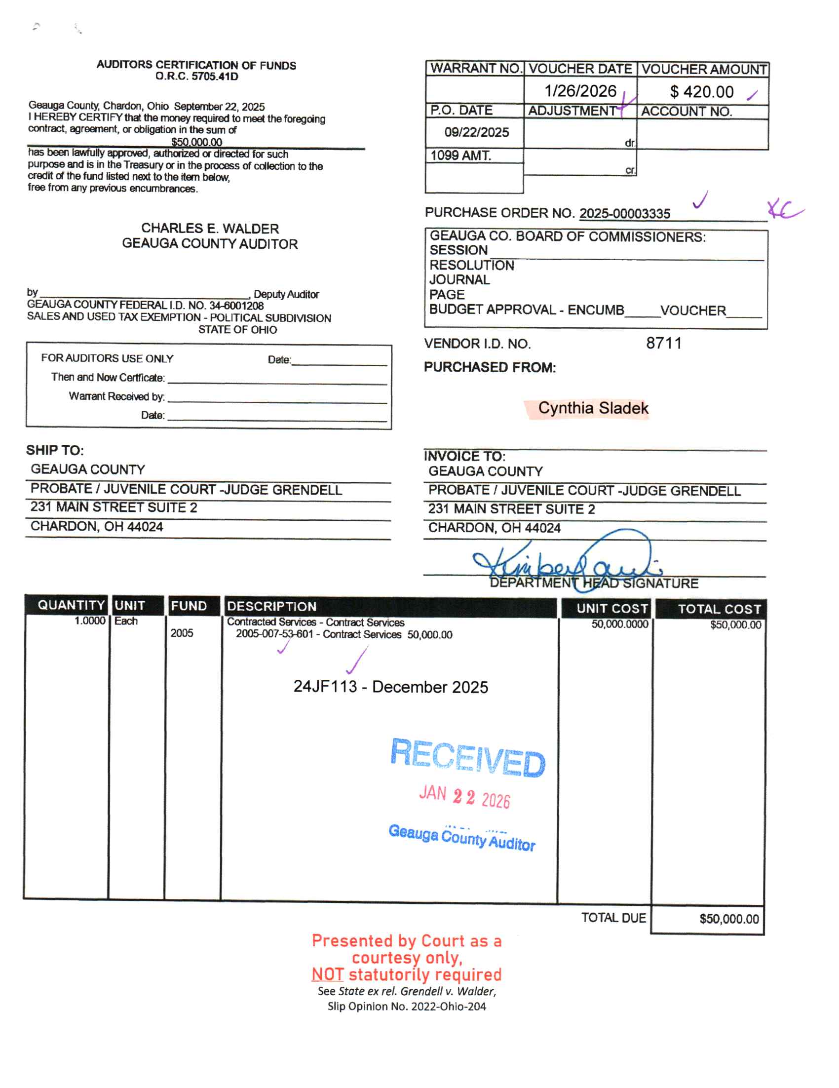 Auditor's Certification of Funds