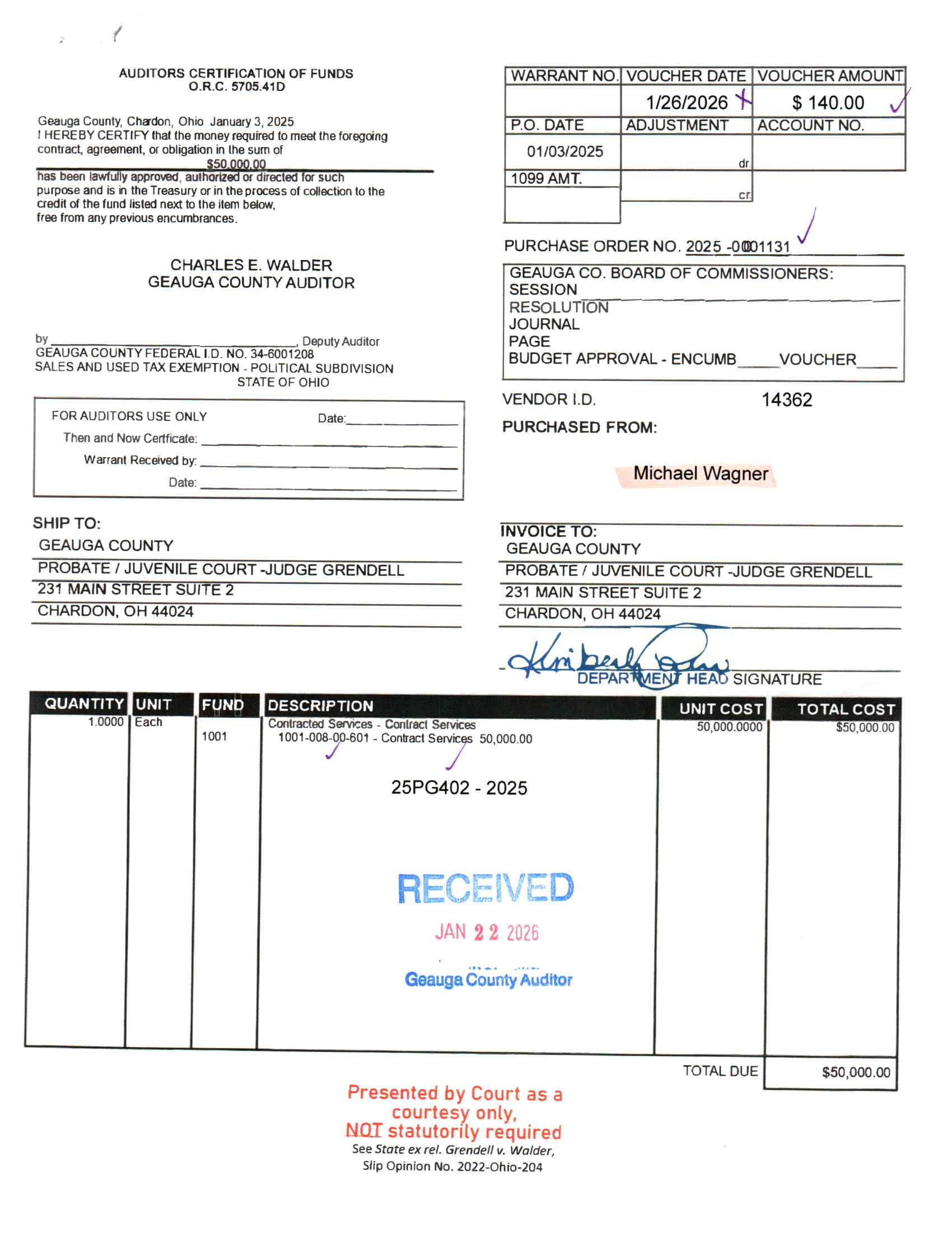 Auditor's Certification of Funds
