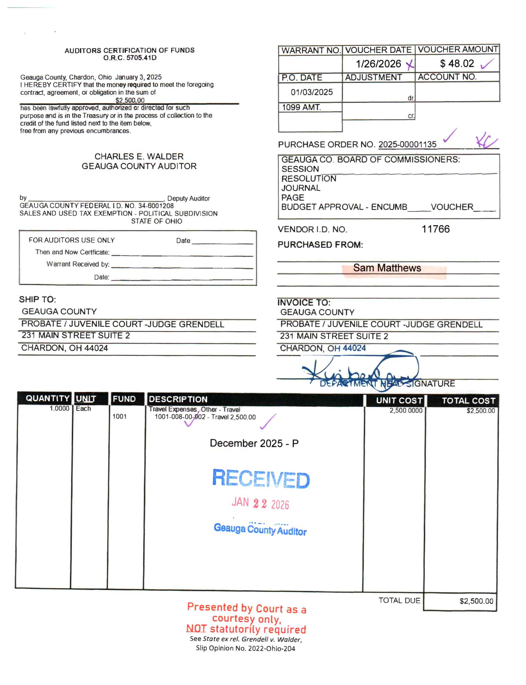 Auditor's Certification of Funds