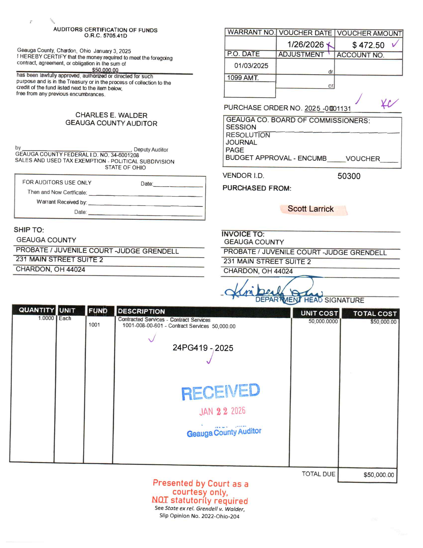 Auditor's Certification of Funds