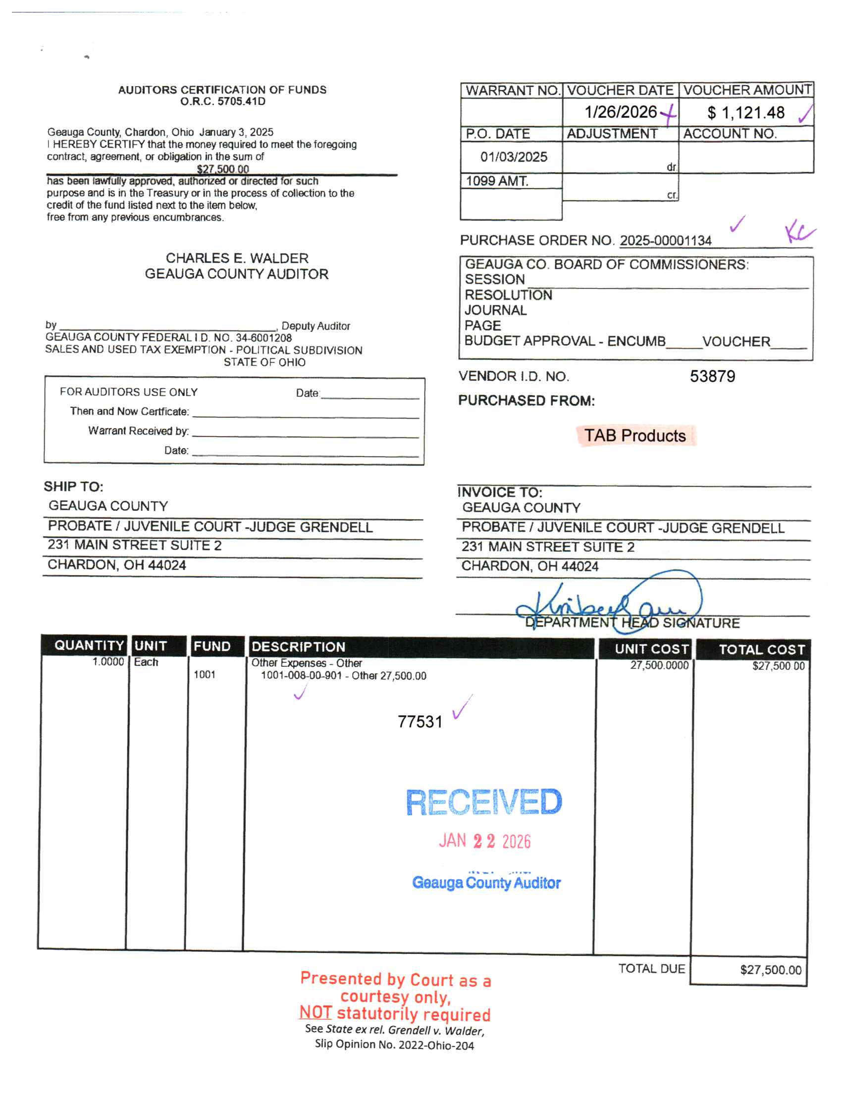 Auditor's Certification of Funds