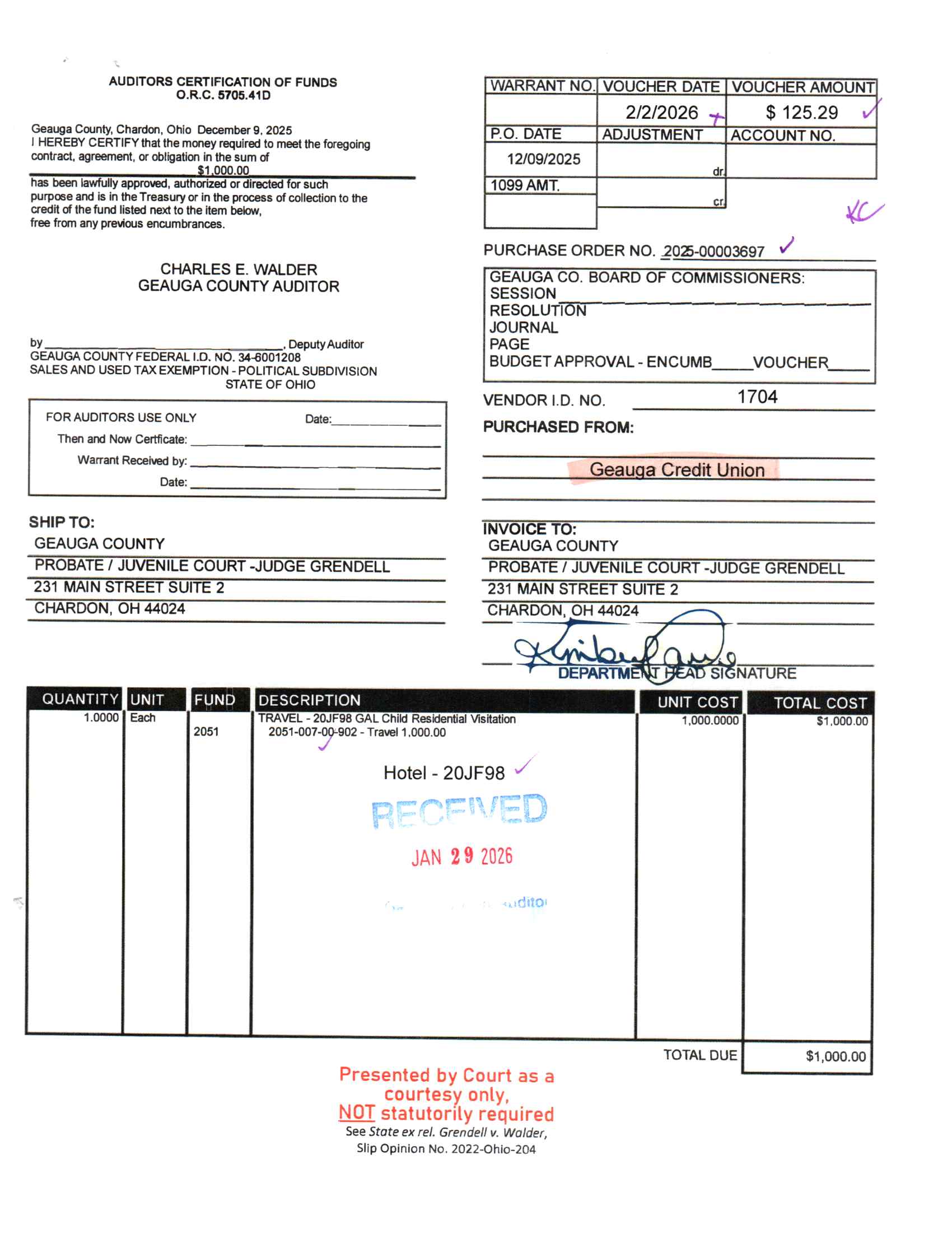 Auditor's Certification of Funds