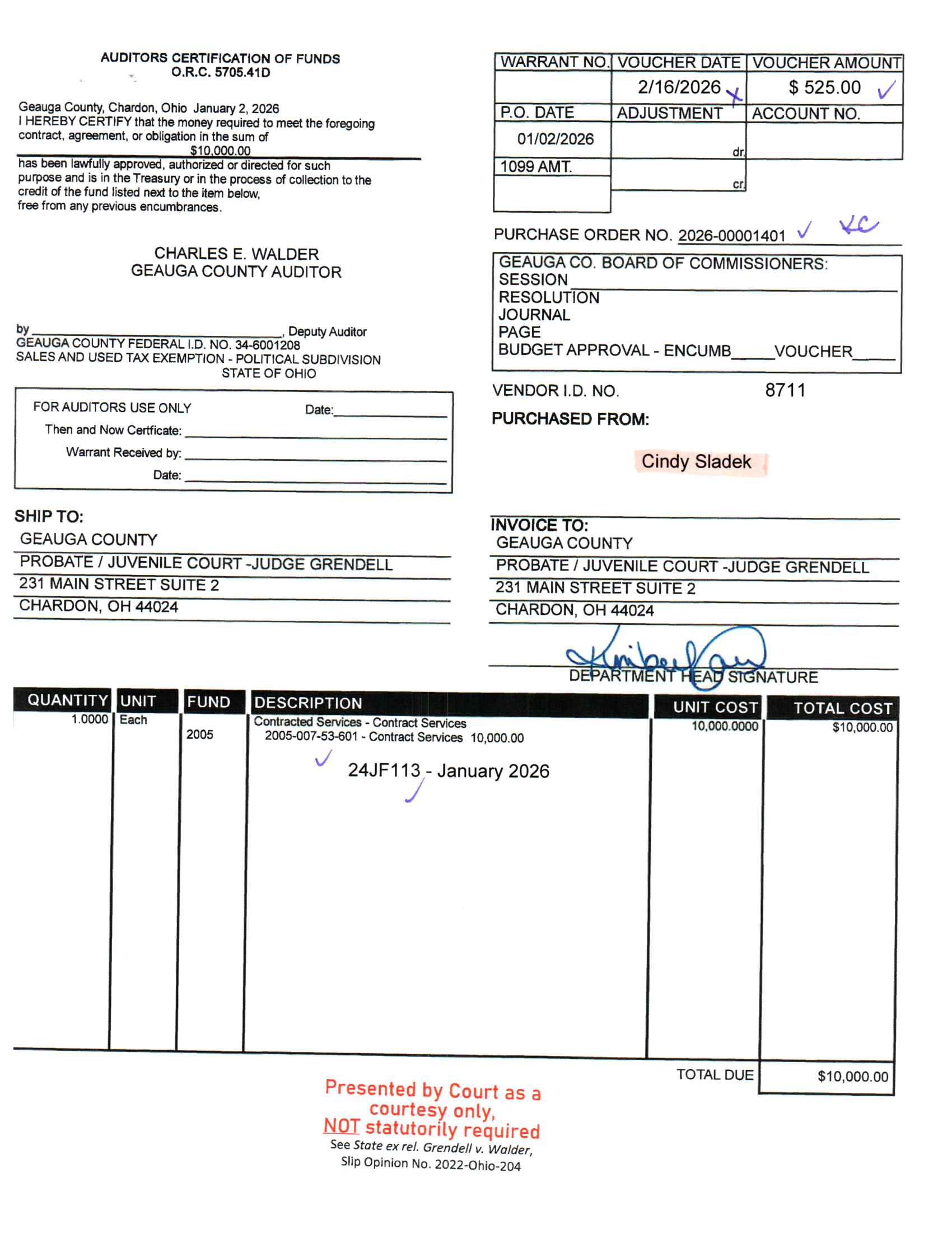 Auditor's Certification of Funds