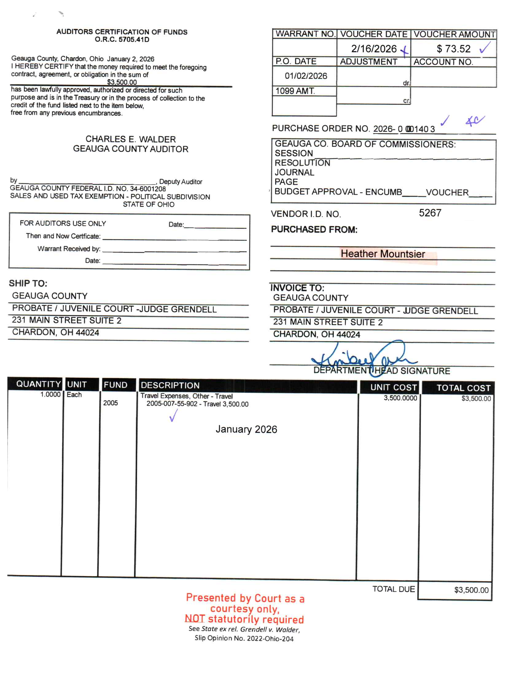 Auditor's Certification of Funds