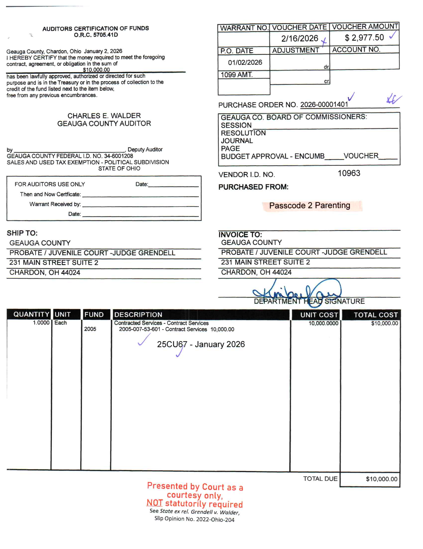 Auditor's Certification of Funds