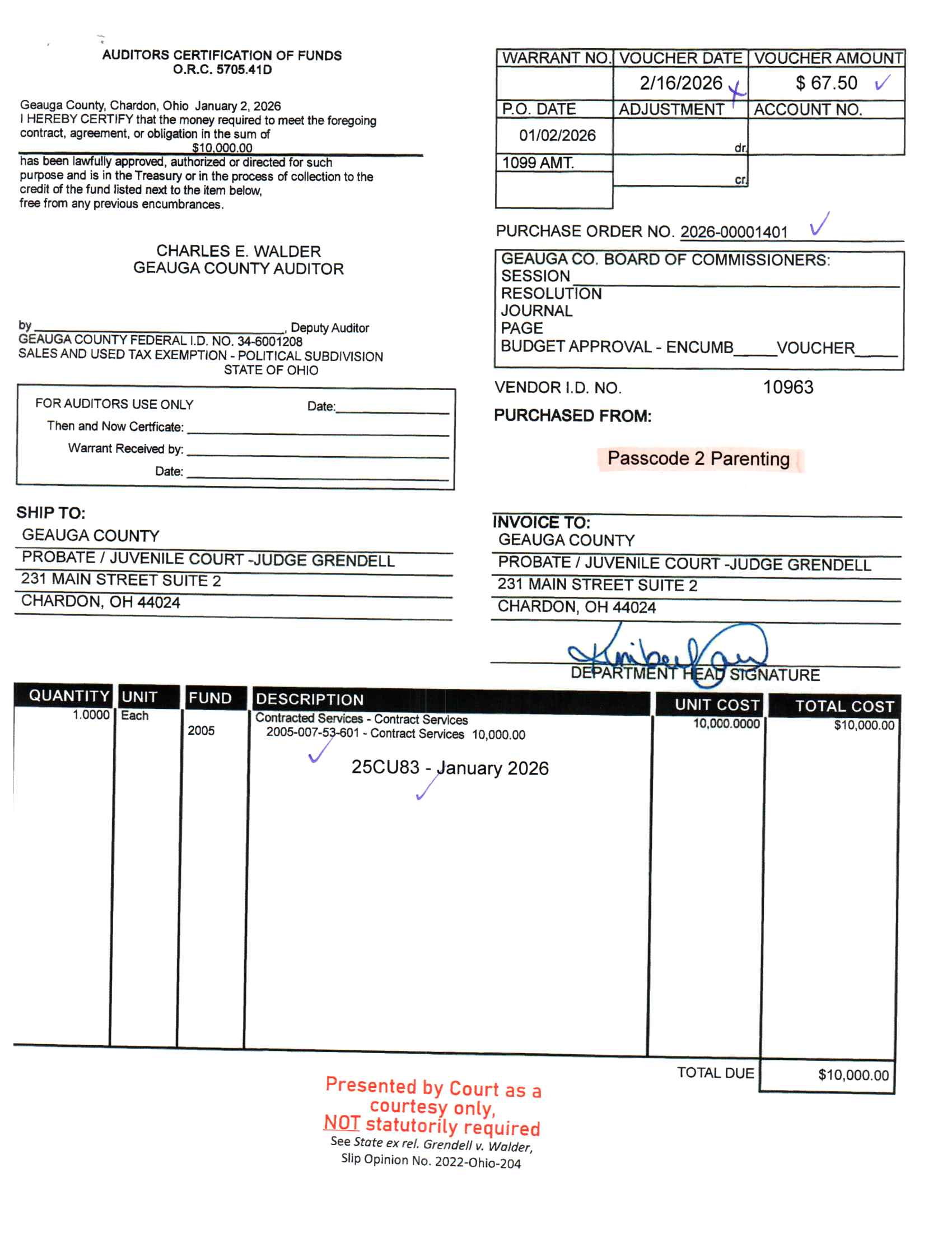 Auditor's Certification of Funds