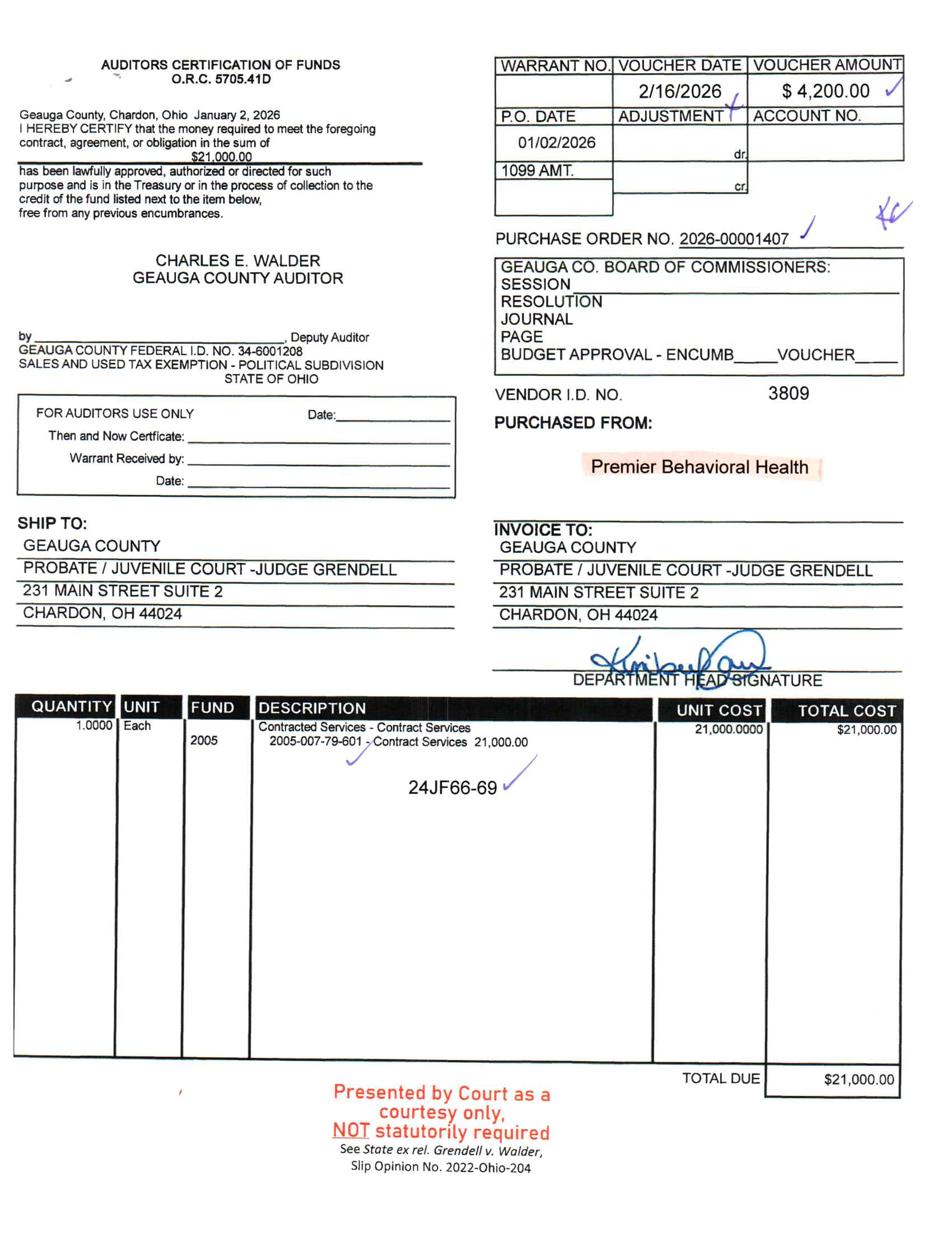 Auditor's Certification of Funds