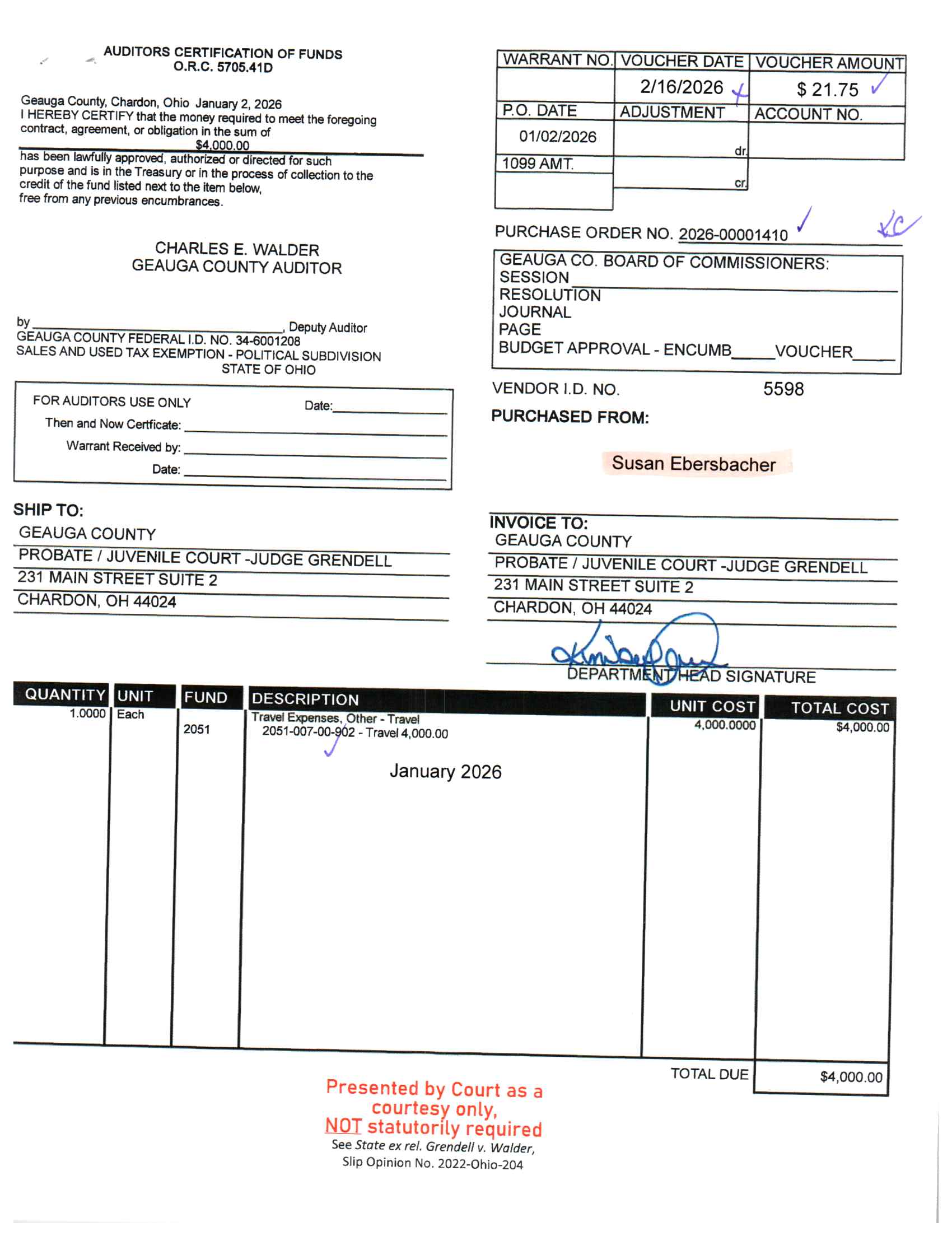 Auditor's Certification of Funds