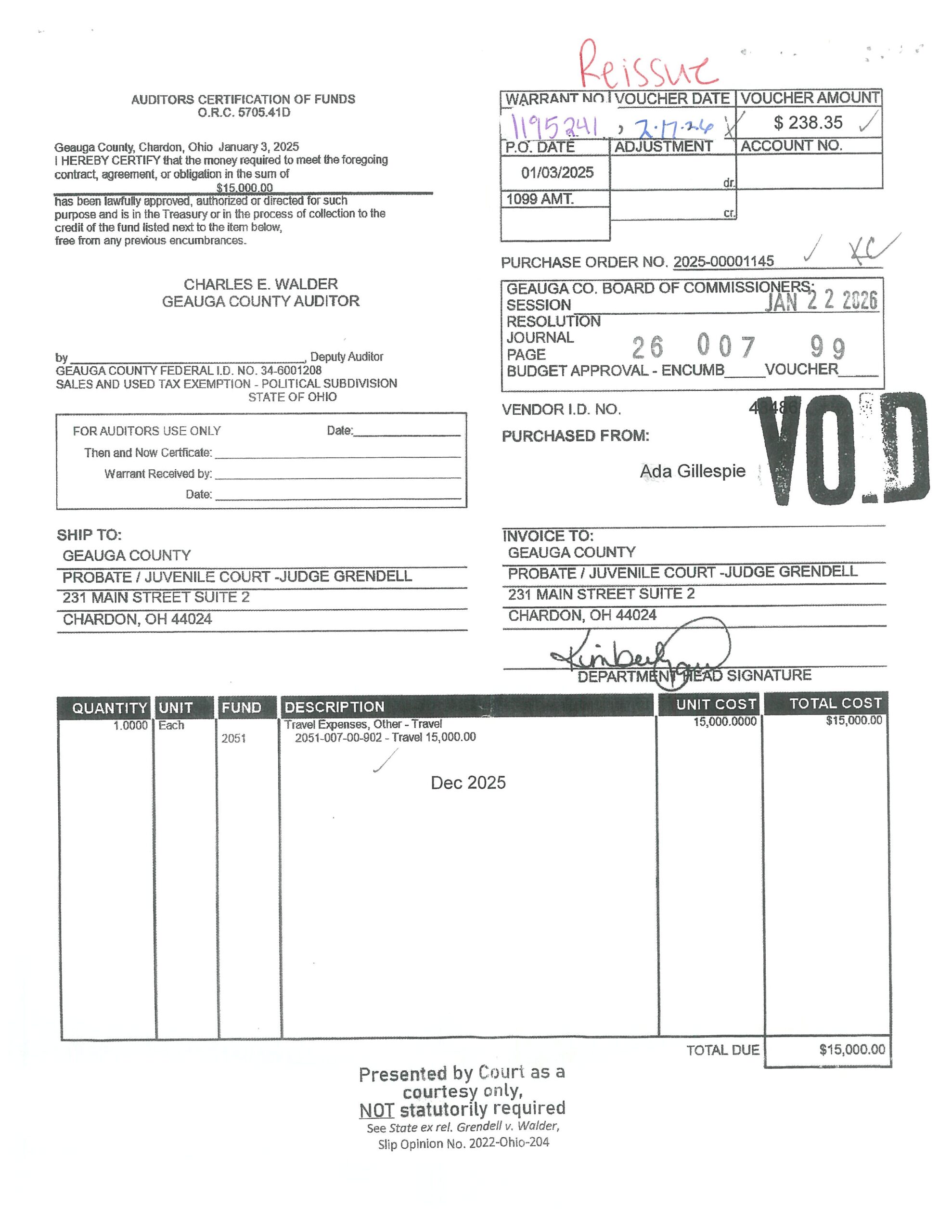 Auditor's Certification of Funds