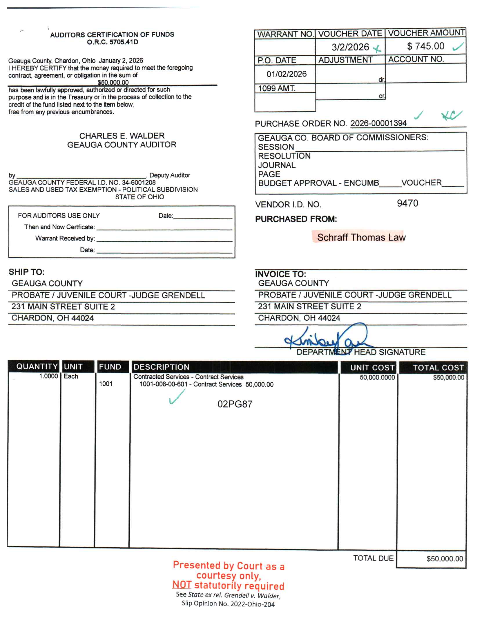 Auditor's Certification of Funds