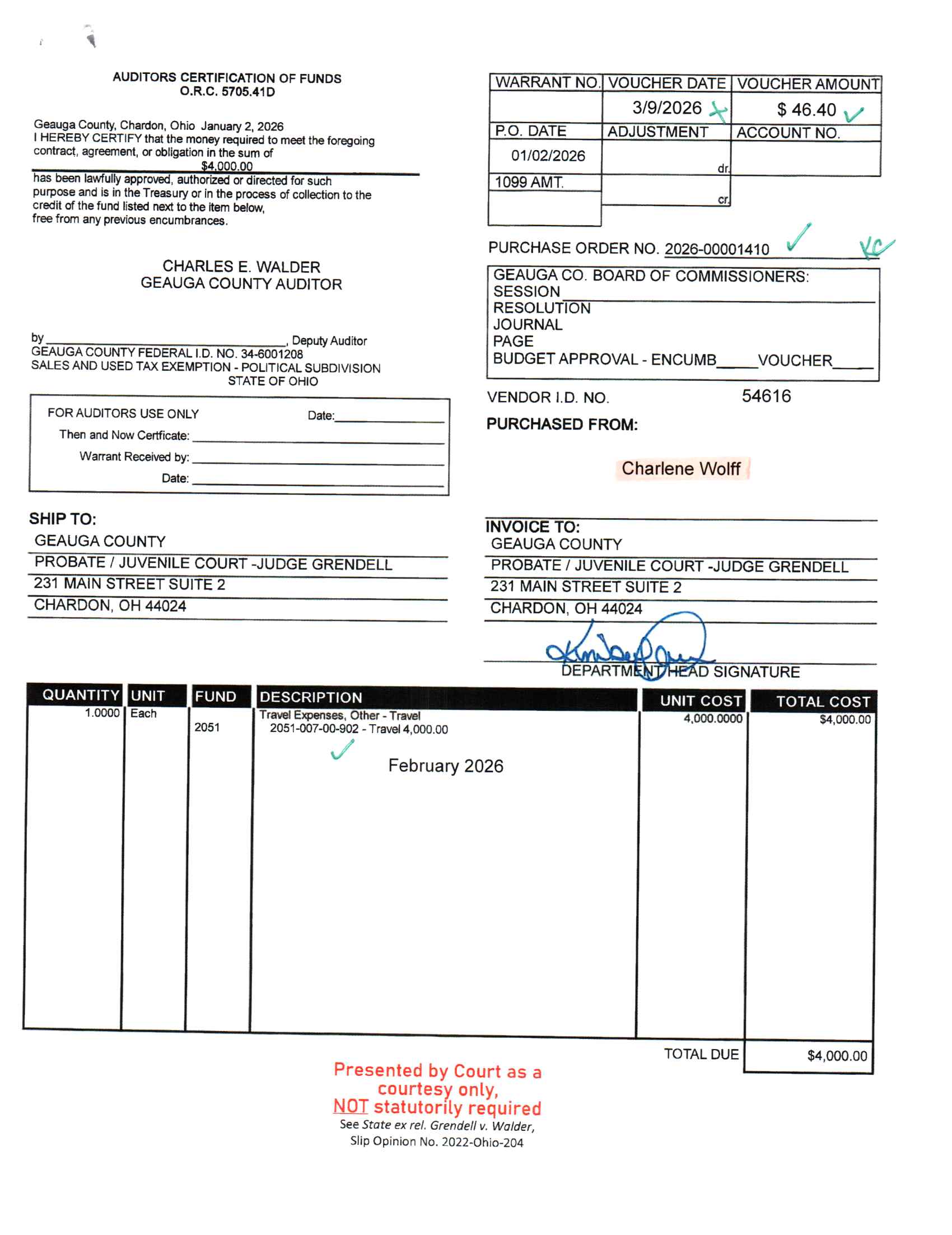 Auditor's Certification of Funds