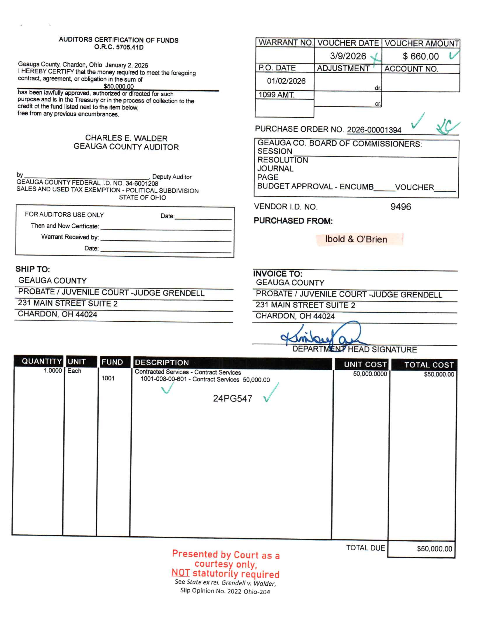 Auditor's Certification of Funds