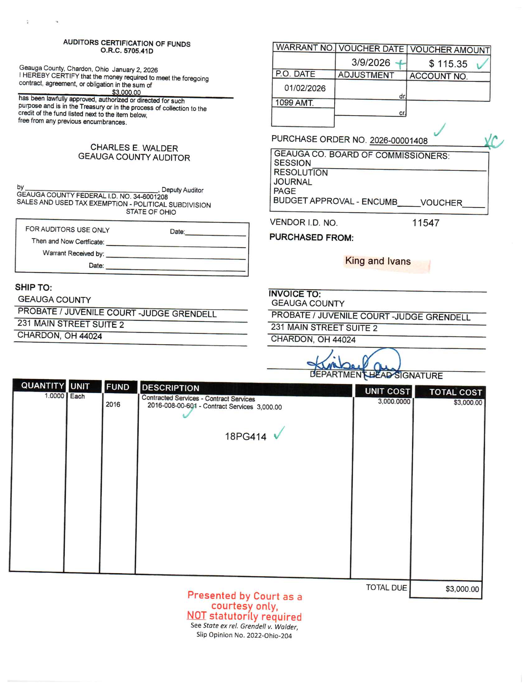 Auditor's Certification of Funds