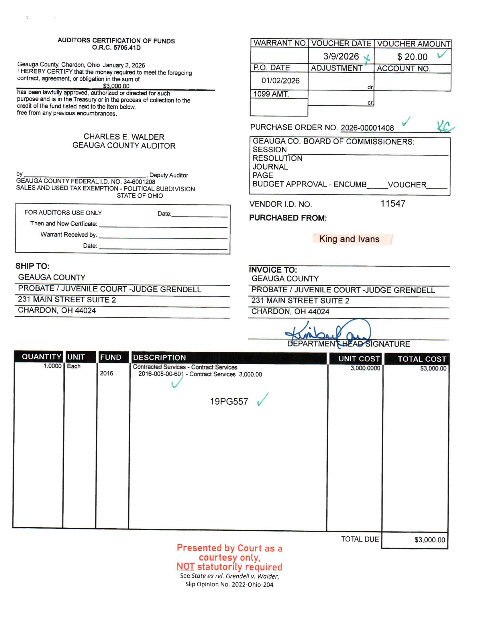 Auditor's Certification of Funds