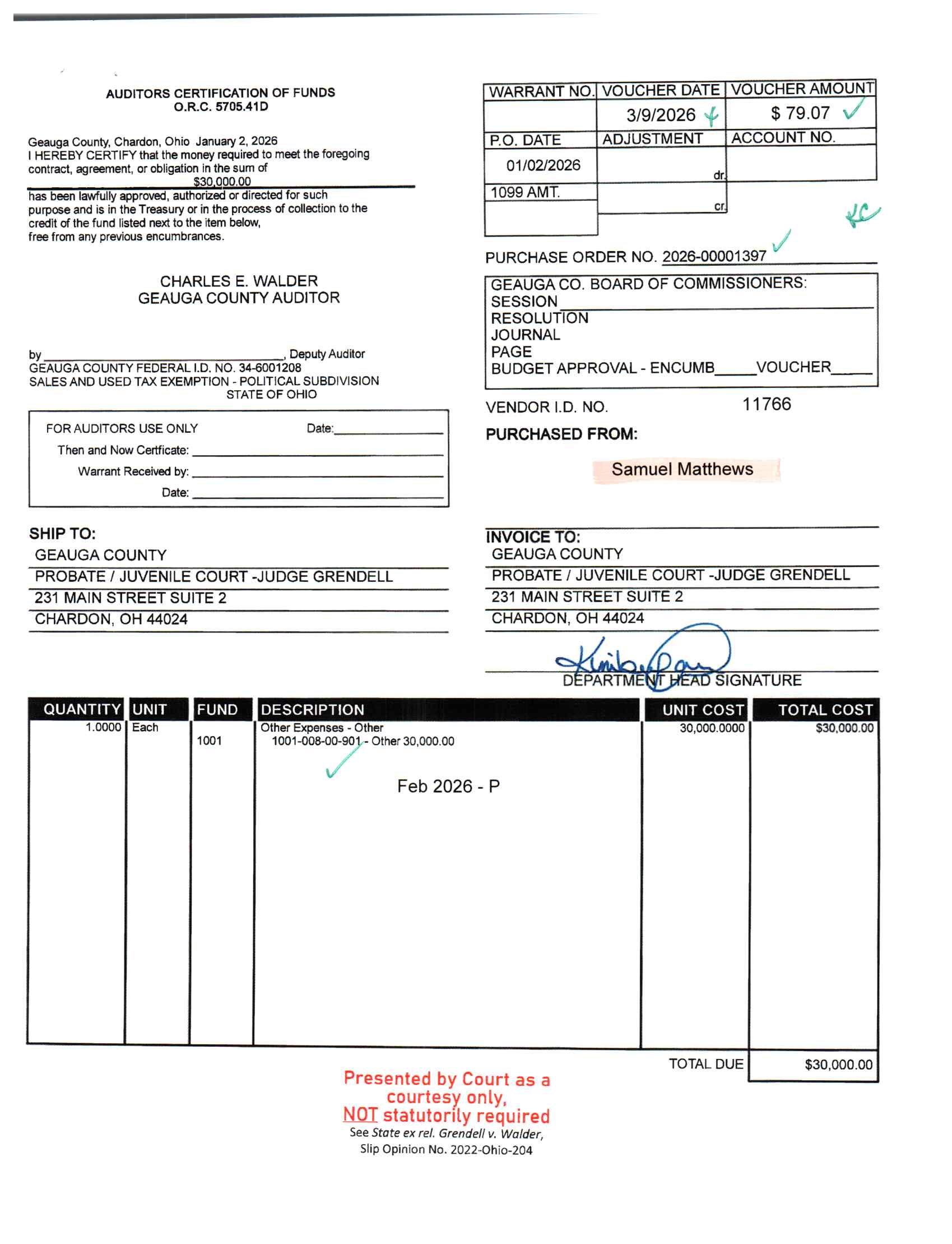 Auditor's Certification of Funds