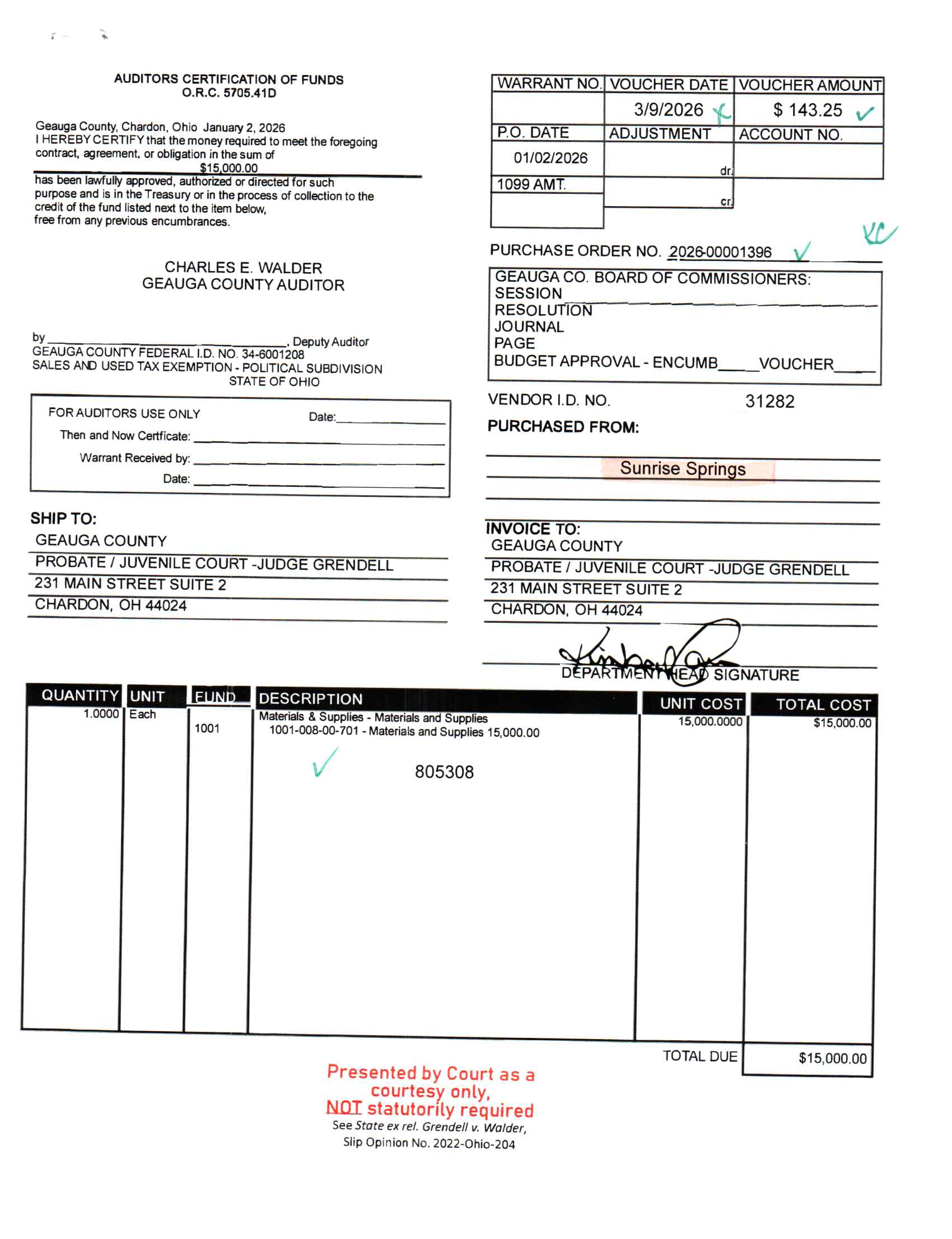 Auditor's Certification of Funds