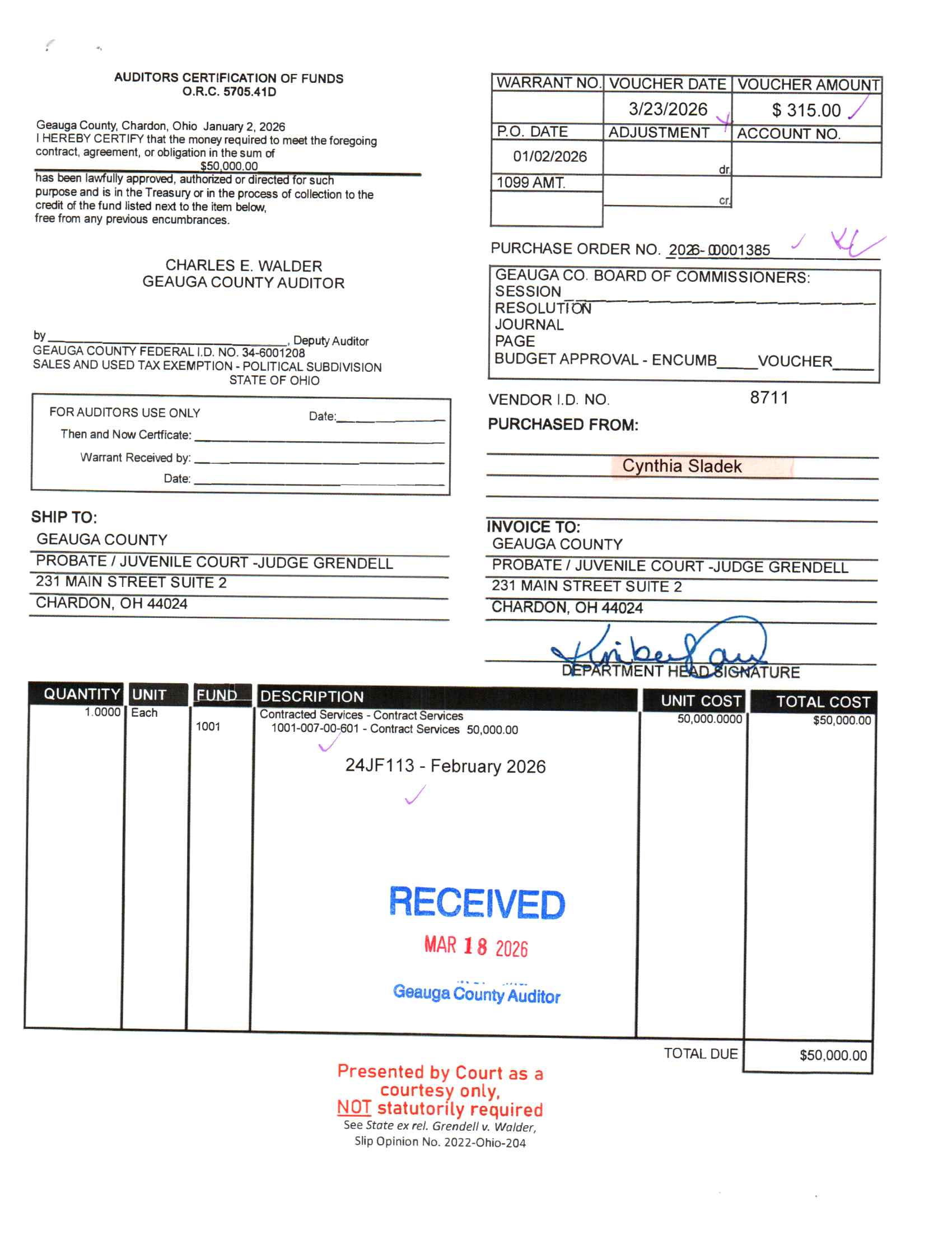 Auditor's Certification of Funds