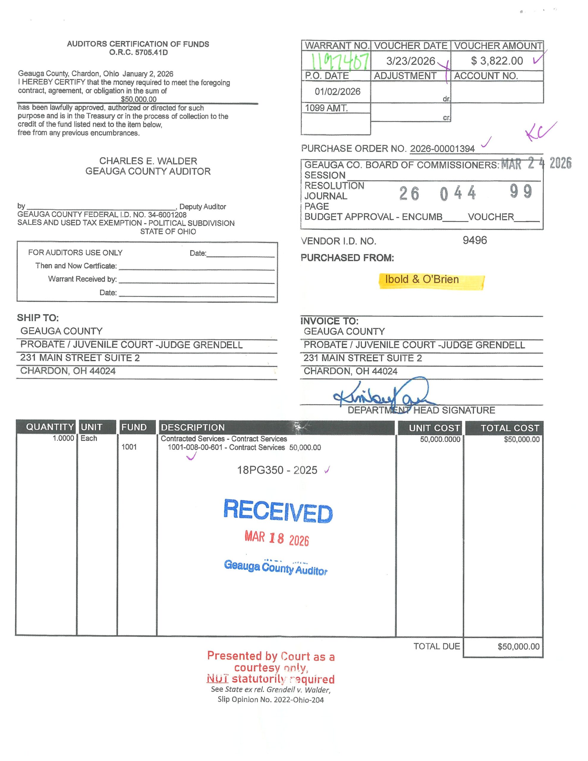 Auditor's Certification of Funds