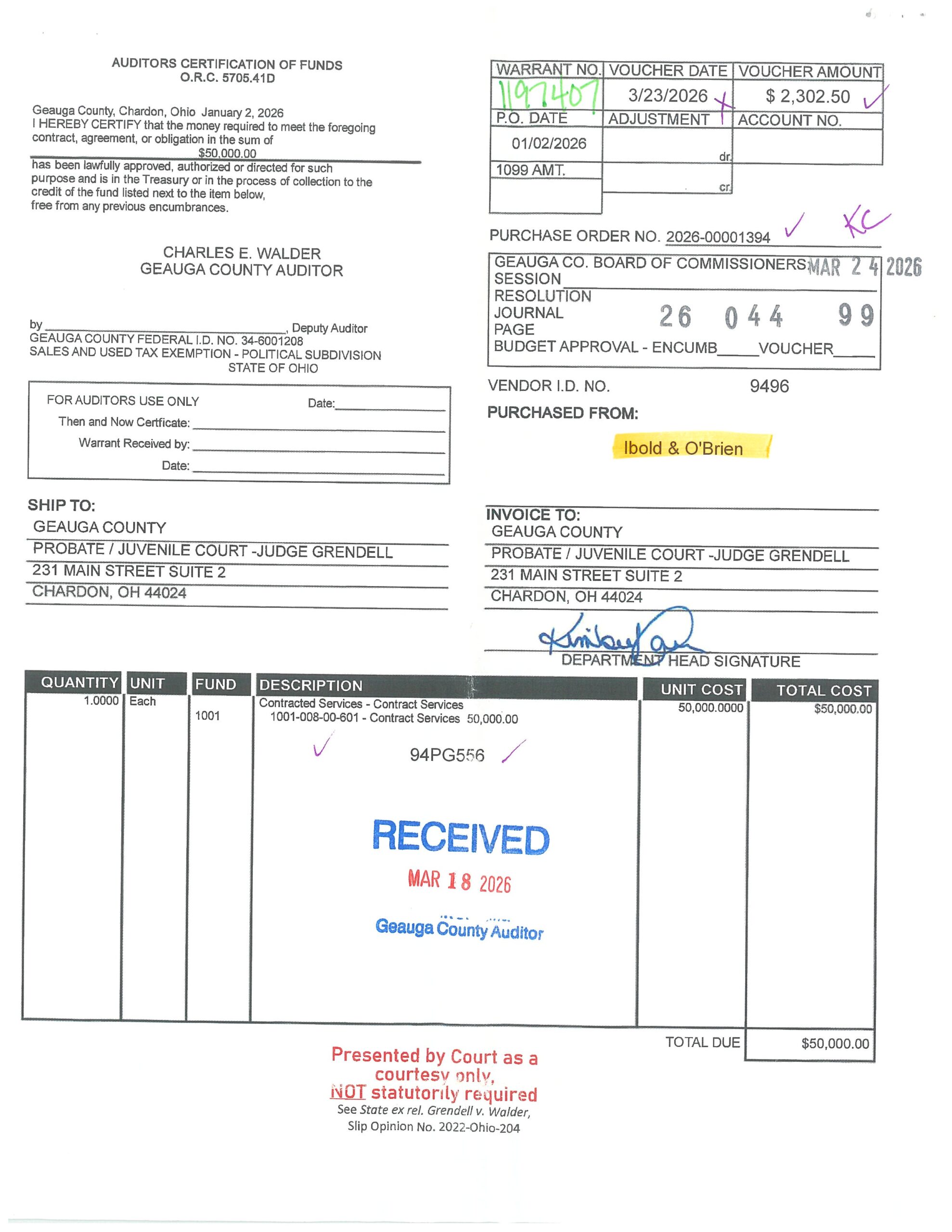 Auditor's Certification of Funds