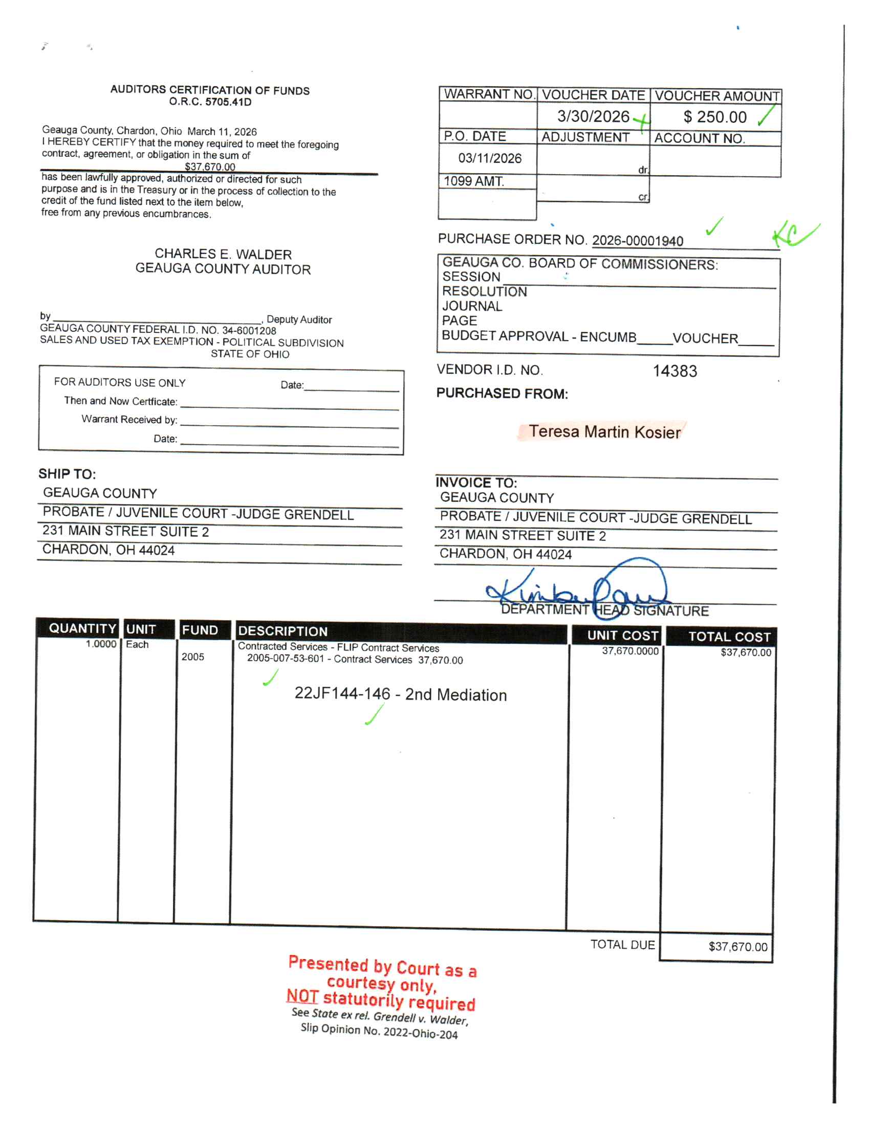 Auditor's Certification of Funds