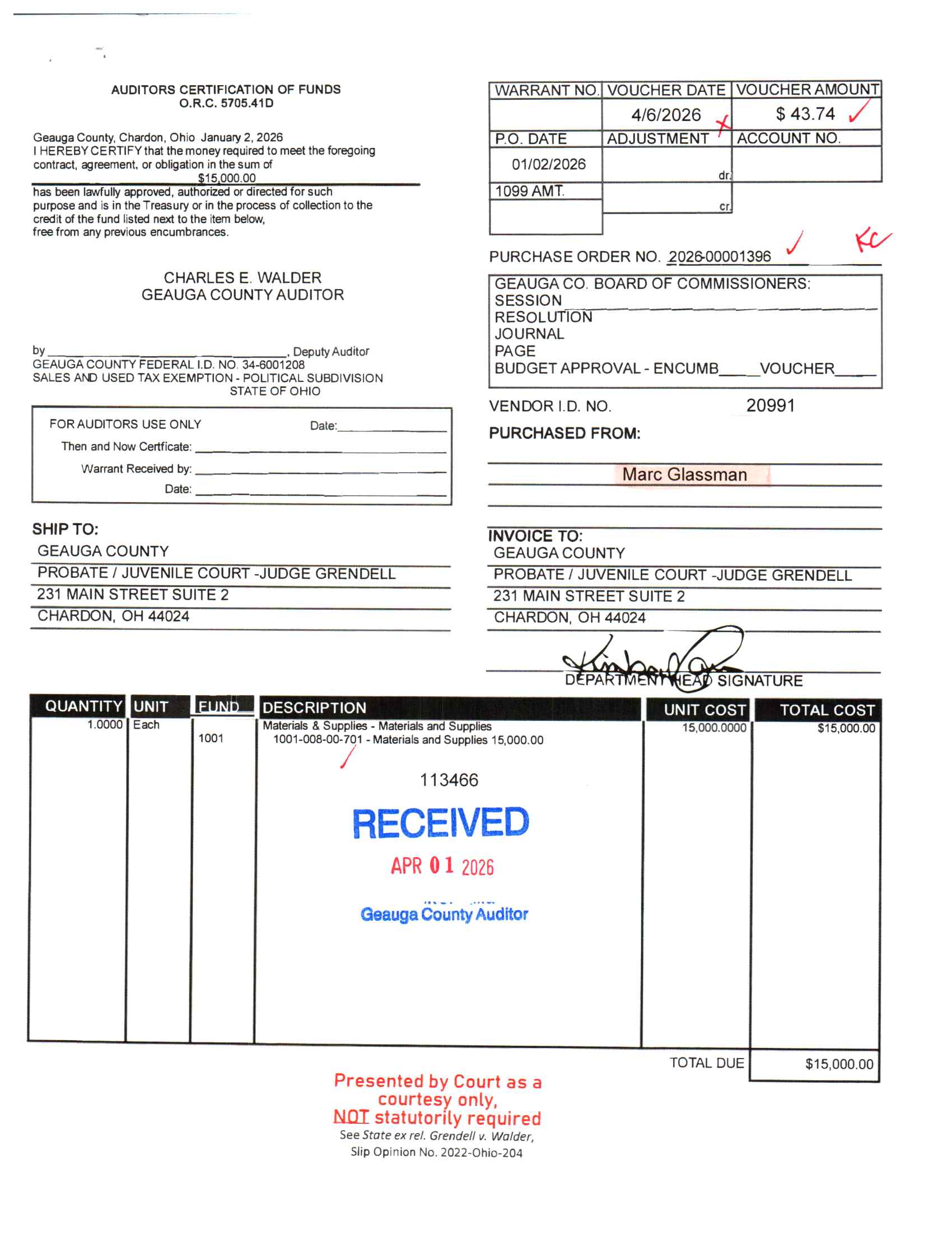 Auditor's Certification of Funds