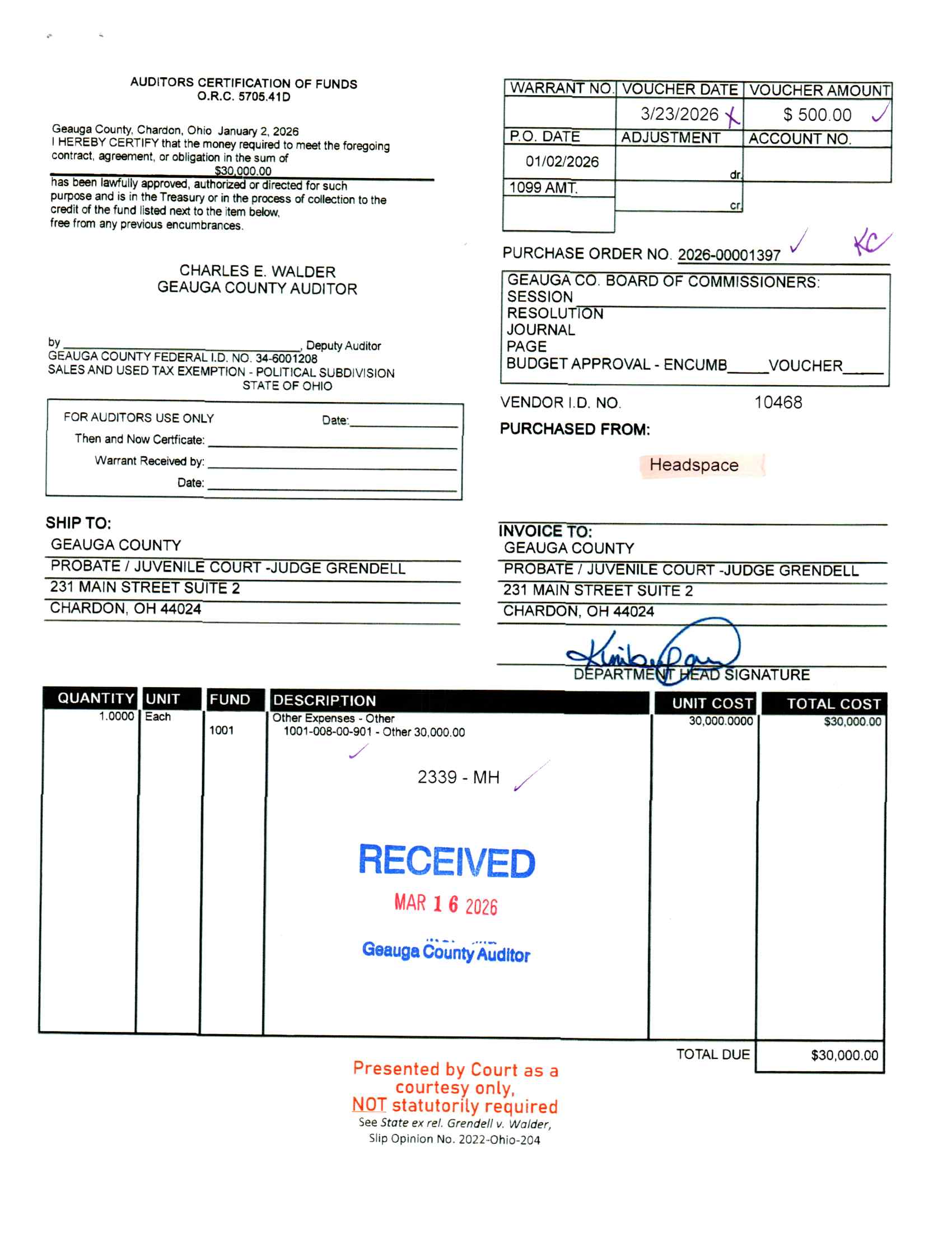 Auditor's Certification of Funds