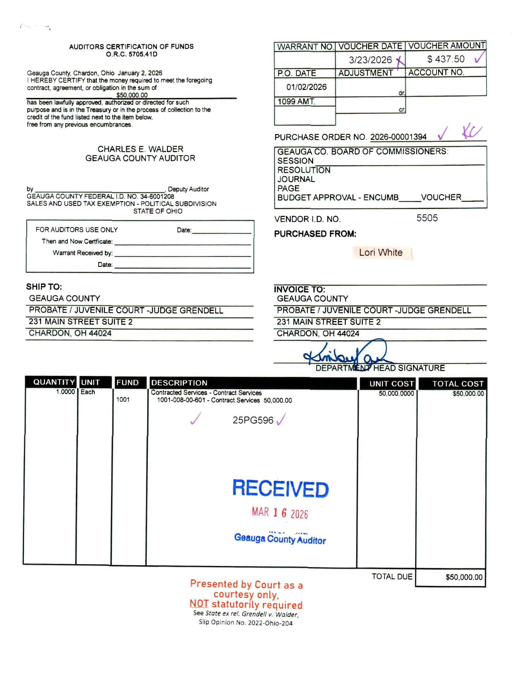 Auditor's Certification of Funds