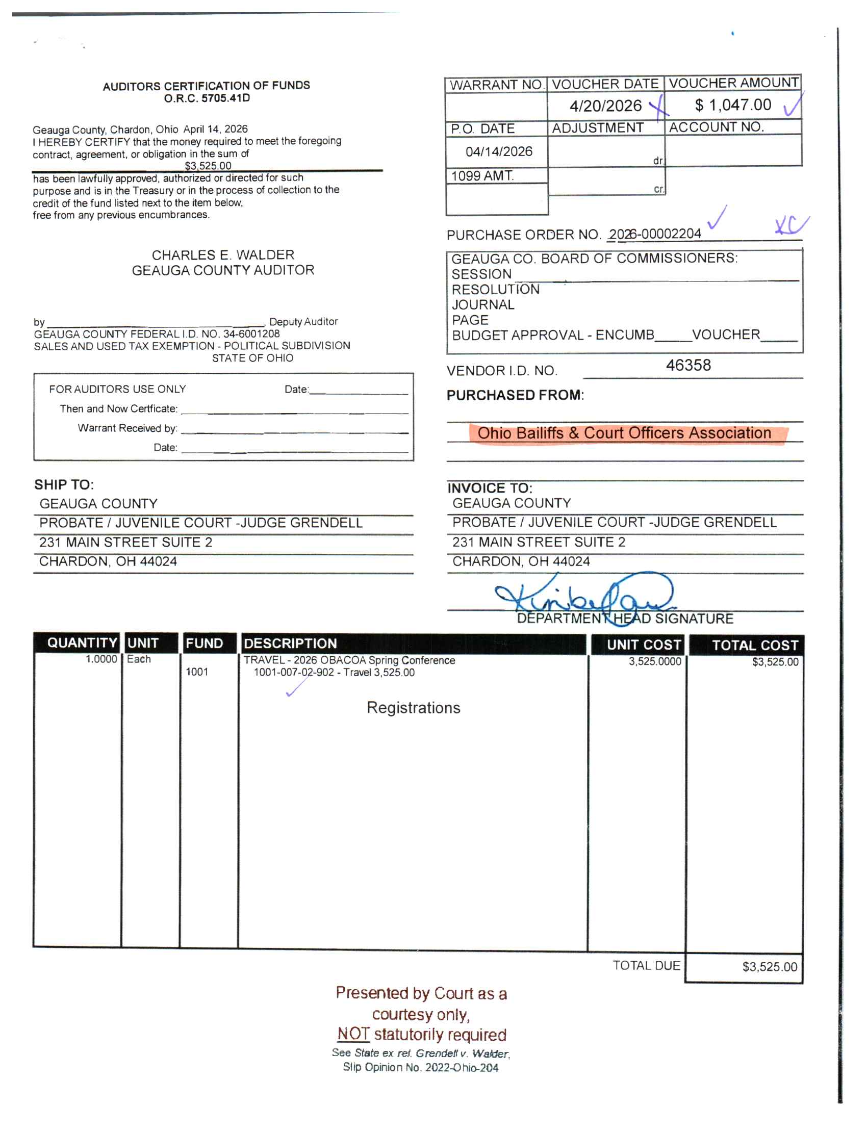 Auditor's Certification of Funds