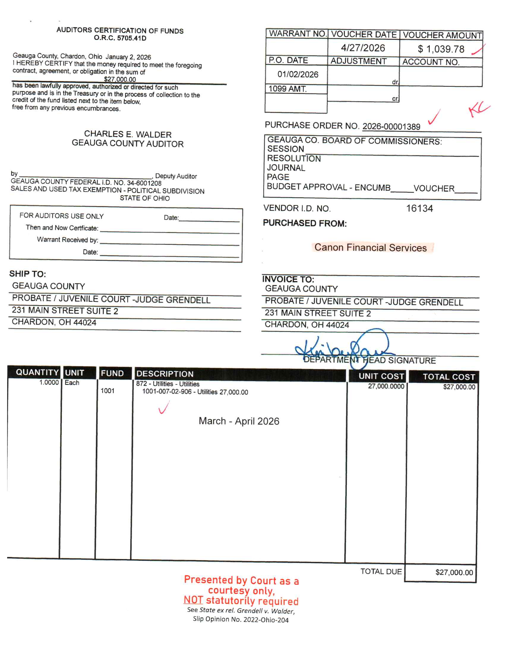 Auditor's Certification of Funds
