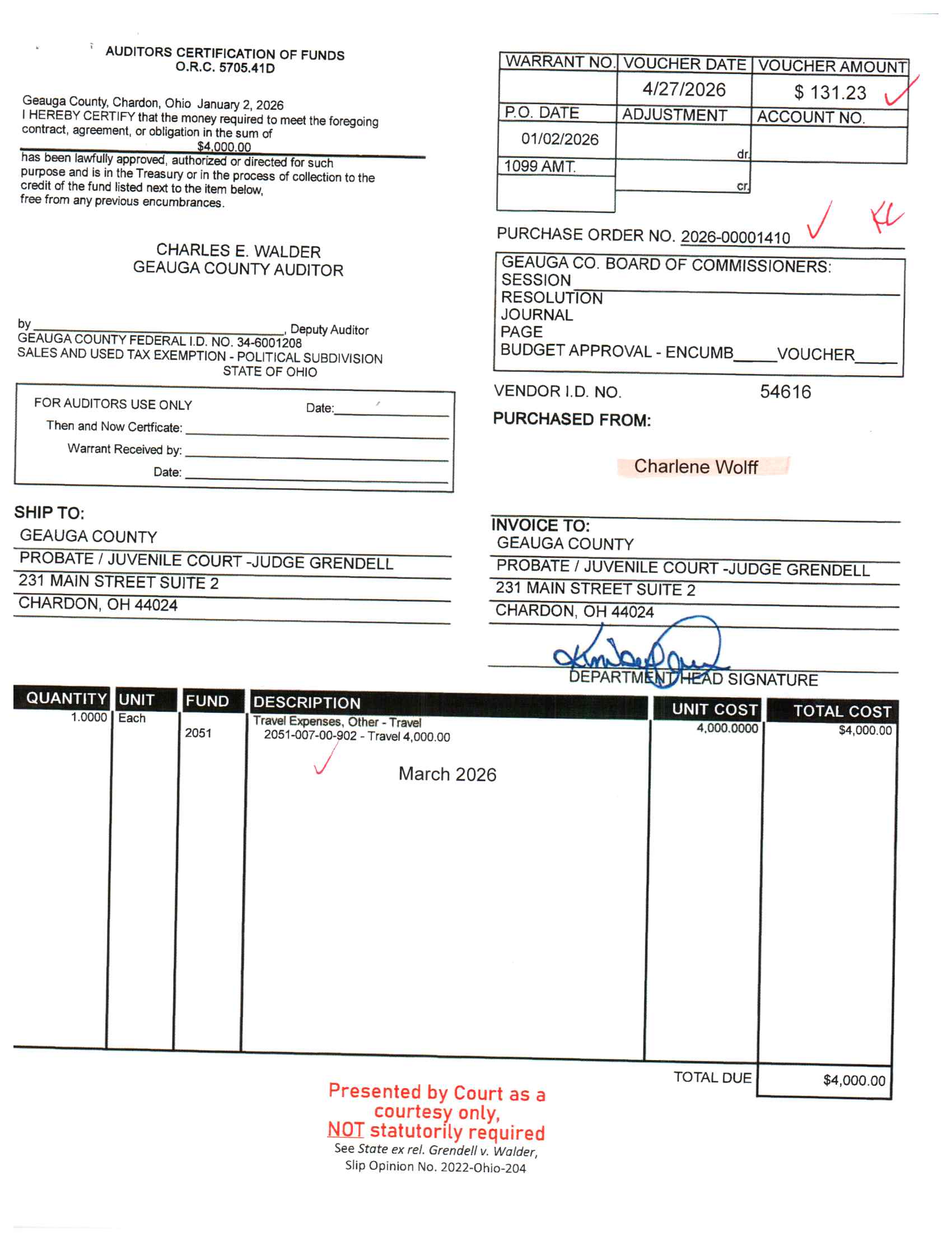 Auditor's Certification of Funds