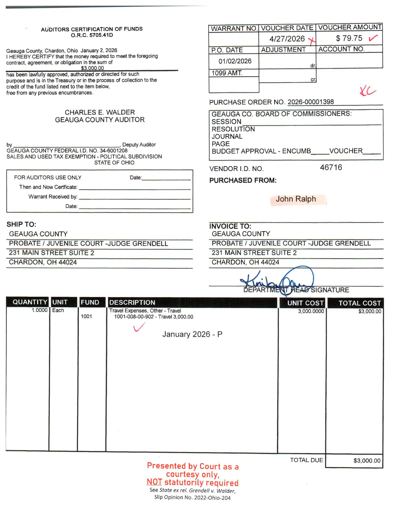 Auditor's Certification of Funds