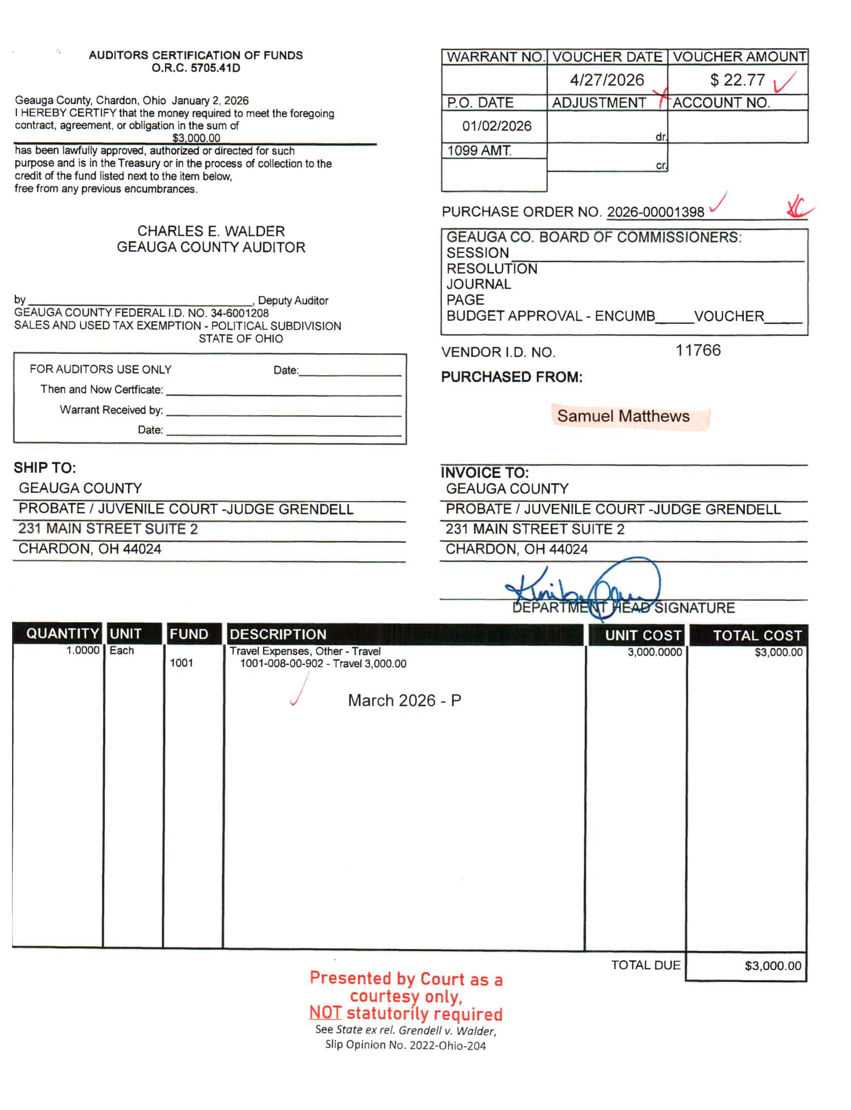 Auditor's Certification of Funds
