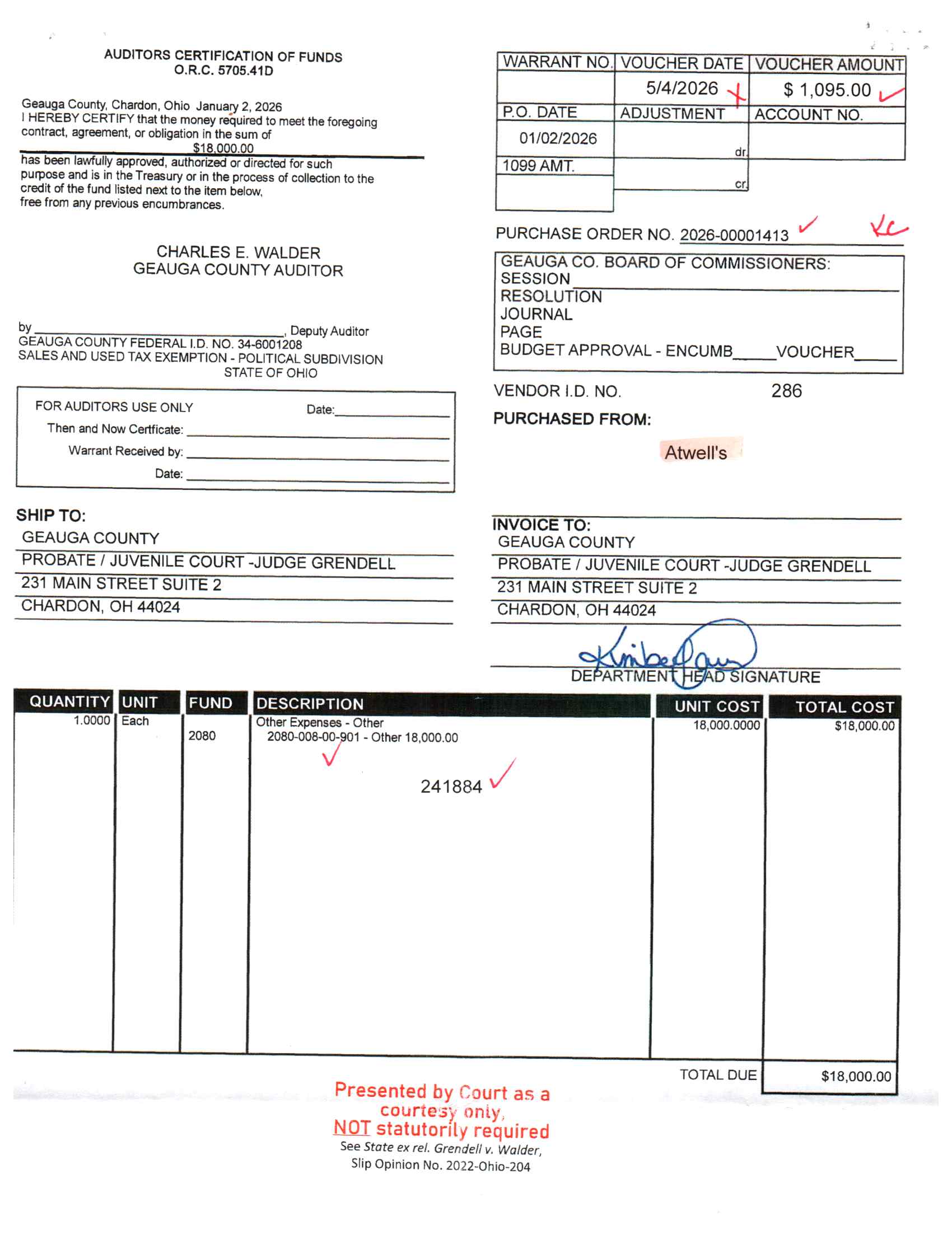 Auditor's Certification of Funds