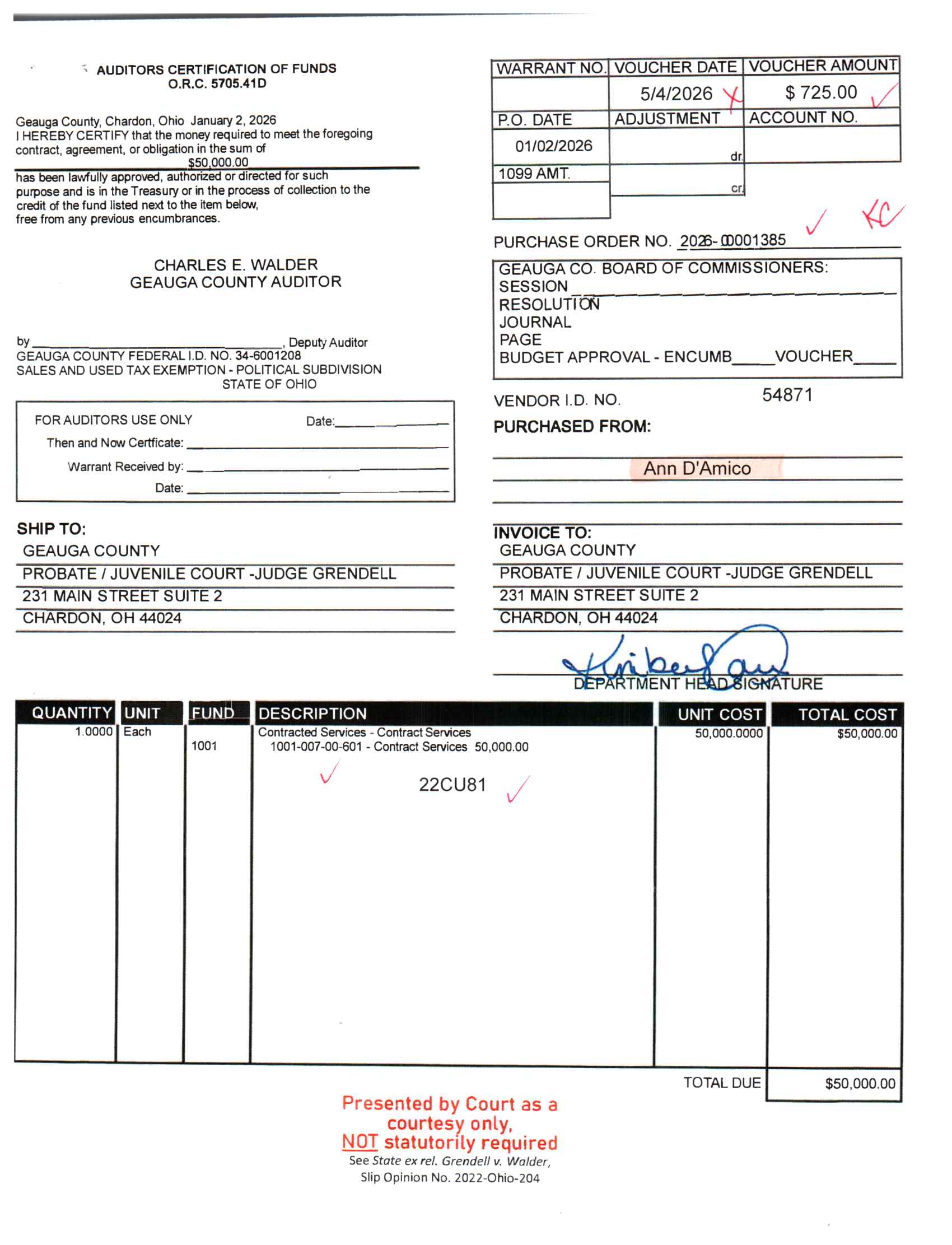 Auditor's Certification of Funds