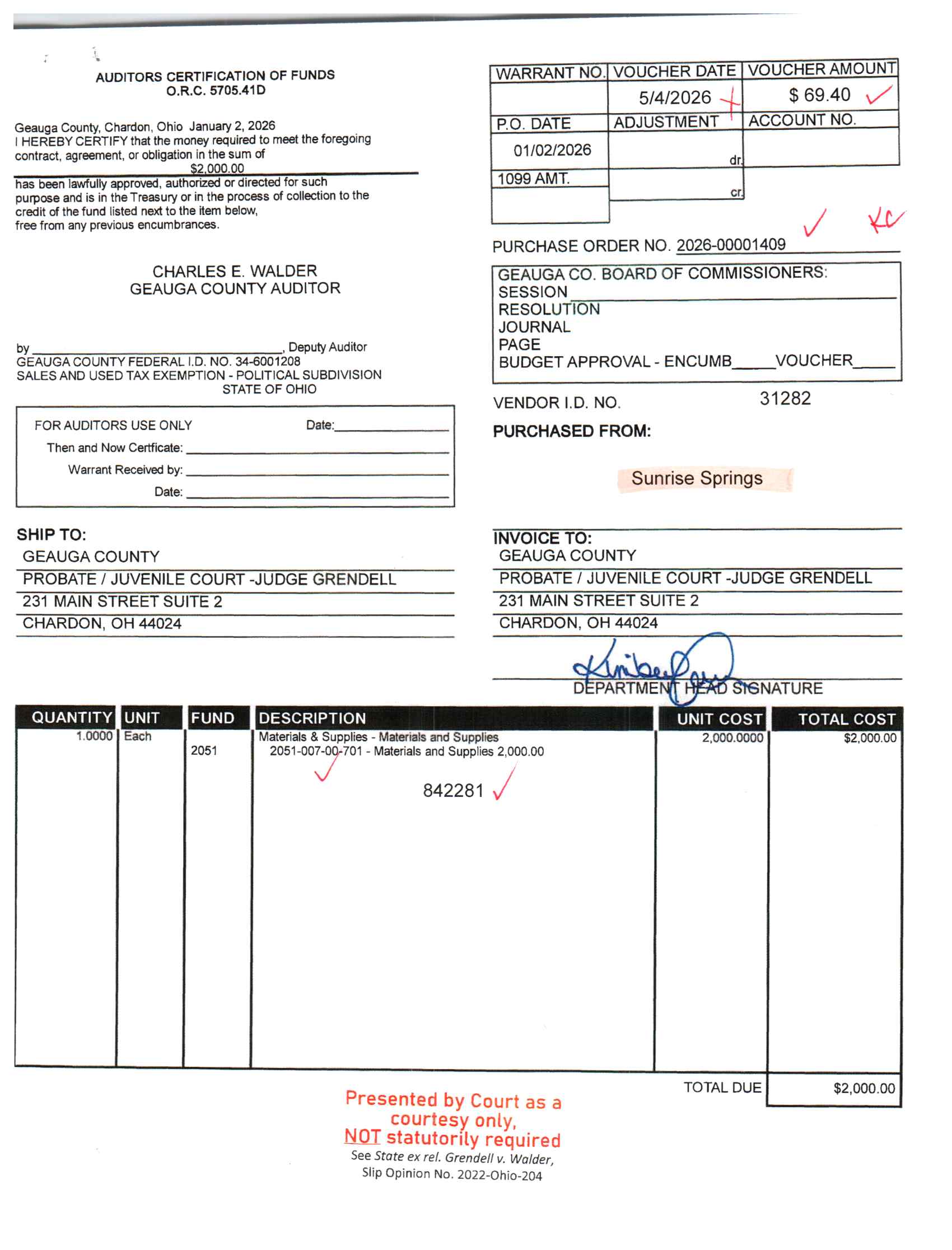 Auditor's Certification of Funds
